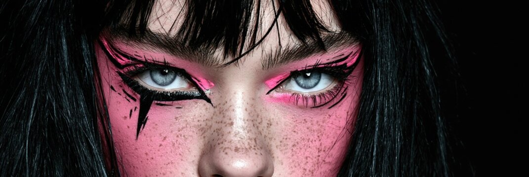 Extreme close-up portrait of a woman with black bangs freckles and vivid pink graphic eye makeup against a black background Expression of bold alternative beauty