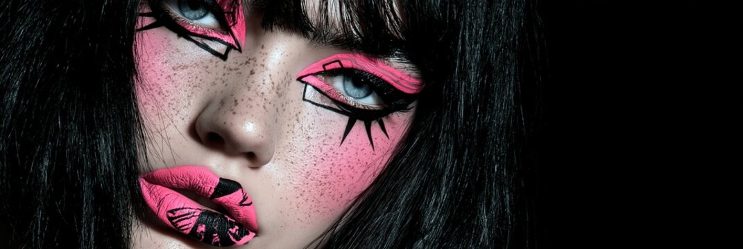 Tight beauty portrait of a woman with black hair pink graphic eyeliner freckles and glossy pink black lips against a dark background Theme of alternative cosmetics