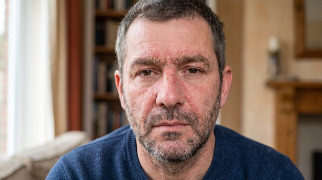 Close-Up of Facial Seborrheic Dermatitis Showing Redness and Flaking Scaling Patches Around Eyebrows and Nose