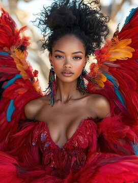 Woman with voluminous natural curls wearing a dramatic red feathered costume surrounded by vibrant multicolored wings Theme of theatrical fantasy and bold beauty