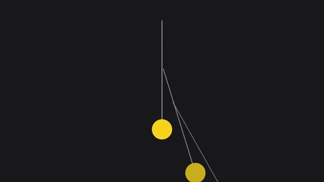 Minimalist pendulum motion physics animation with swinging yellow sphere on dark 4k background