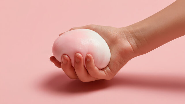 Hand squeezing soft pink stress ball, close up of malleable foam toy for sensory play, anxiety and stress relief, calming pastel studio shot for wellness and self care