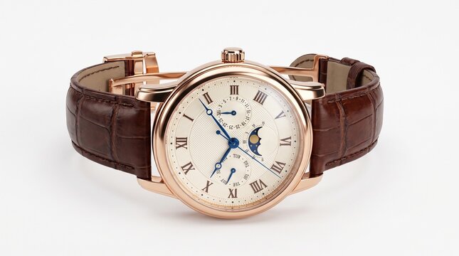 Elegant rose gold mechanical wristwatch with a textured cream dial and dark brown leather strap isolated on white background surface