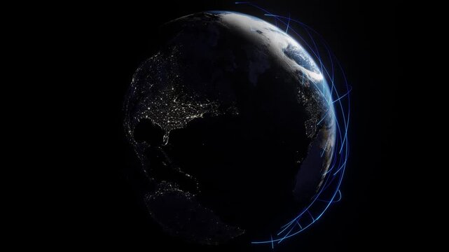 Digital data spreading globally across the planet via connected networks and nodes. 3d animation with blue strands shooting over the world.