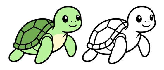 Obraz premium Cute turtle illustration icon in line art style and colored, coloring page for kids