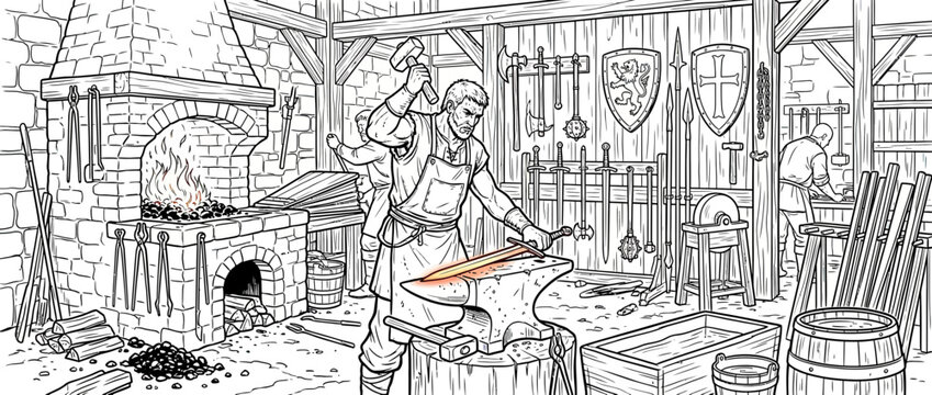 Medieval blacksmith forging a sword in a workshop