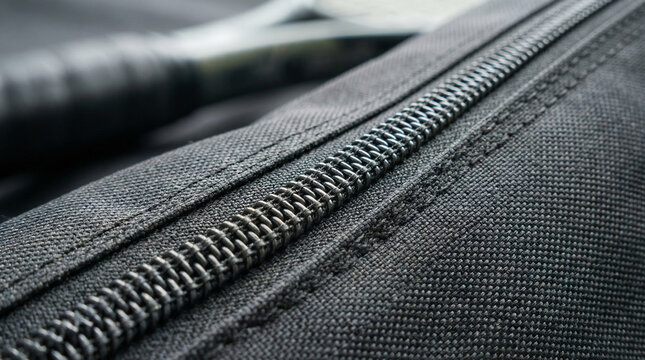 Racket bag on bench with zipper detail and textured fabric  