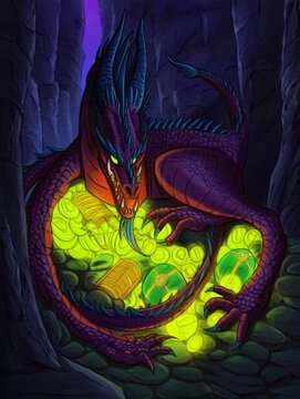 Majestic Purple Dragon Guards a Treasure Hoard