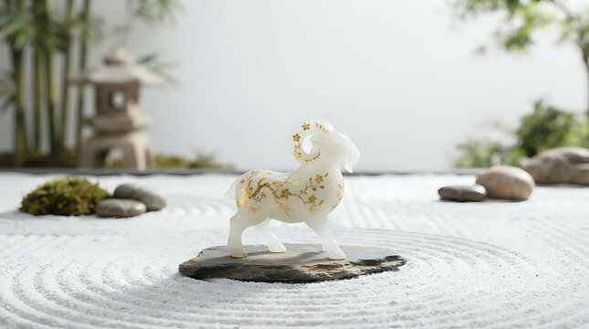 Cream-colored decorative horse figurine positioned on dark stone