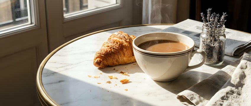 Freshly baked croissant and hot coffee served on marble table