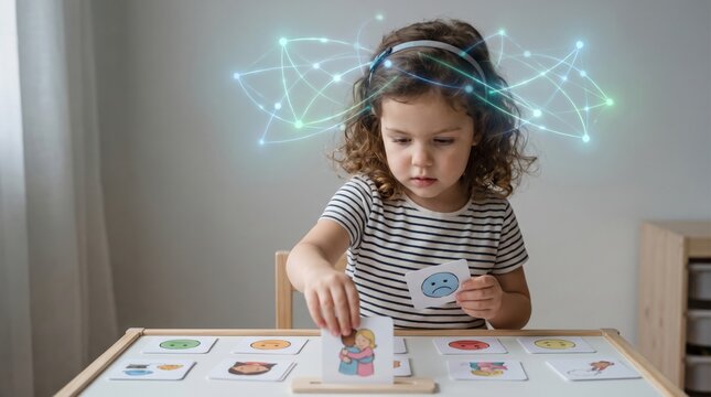 Girl learning emotions with flashcards at home. Child psychology activity for identifying feelings and emotional intelligence development. Educational game with digital network concept and copy space.