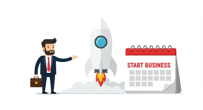 Businessman launching rocket with calendar backdrop