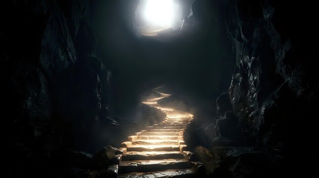 Illuminated underground pathway through dark stone cavern with golden