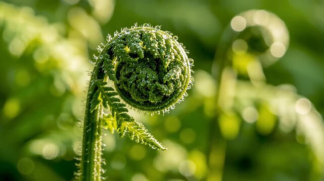Close up of green fiddlehead fern with morning dew.