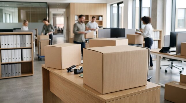 Business team packing cardboard boxes for office relocation
