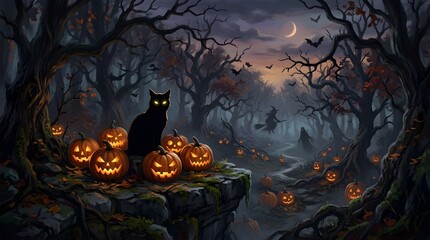 Fototapeta premium Spooky Haunted Forest Landscape with Glowing Jack-o’-Lanterns Under a Crescent Moon