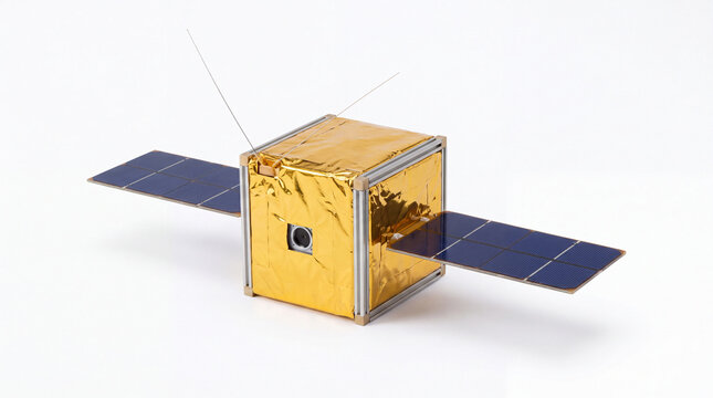 CubeSat Satellite Model: A close-up of a small, cube-shaped satellite model with outstretched solar panels, representing advanced space technology.