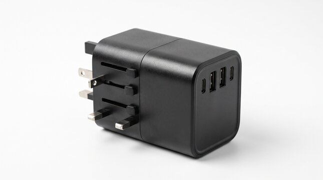 Black universal travel power adapter featuring multiple usb ports and retractable plug prongs captured against a clean white studio background