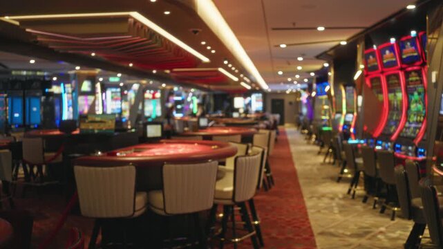 Casino interior soft defocused bokeh gaming floor neon lights slots; background backdrop copyspace backplate calm.