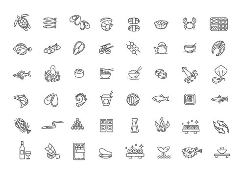 Fish and seafood. Outline icon collection