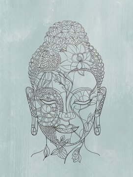 Intricate Buddha Face Line Art with Floral Motifs
