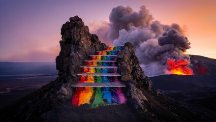 Naklejka premium Rainbow Stairs Leading to Volcano Eruption