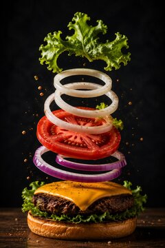 Exploded Cheeseburger With Flying Onion Ring, Tomato, Red Onion and Lettuce