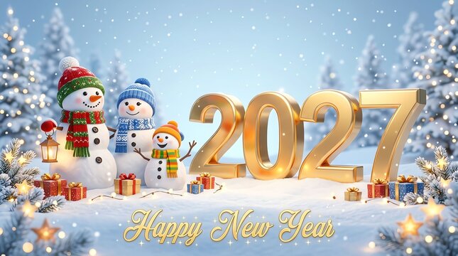 Three cute snowmen standing in a snowy winter forest with golden 2027 numbers for a happy new year celebration