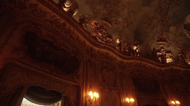 Low-angle interior view of ornate baroque theatre box with gilded cornice cherubs and porcelain urns under gilt filigree ceiling, with interior, theatre, balcony, ceiling detail