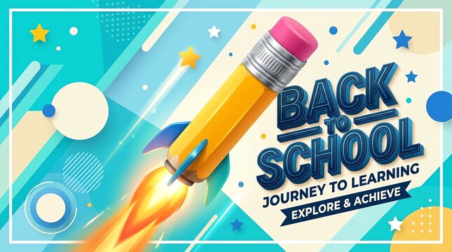 Back to school banner design featuring a pencil rocket ship launching into space for educational success