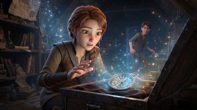 Cinema 4D character design, 3D render of female adventurer with magical compass in her hand