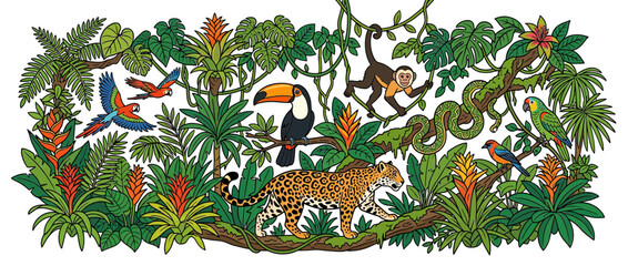 Naklejka premium Jungle Scene with Animals and Lush Tropical Plants