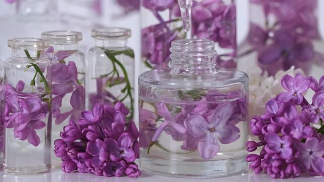 Clear Liquid Dripping Into Glass Jar Surrounded By Lilac Blossoms