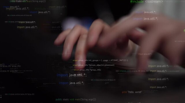 Close-up view of hands working on a keyboard, surrounded by floating code snippets, showcasing the integration of technology in modern programming and digital work. Xenic
