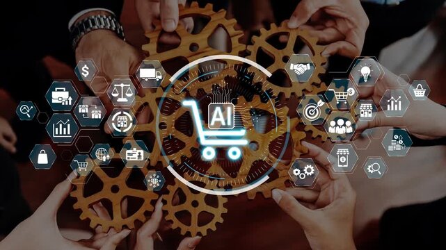 A collaborative workspace featuring diverse hands assembling gears representative of technology and commerce, showcasing innovation and teamwork in action. Raster