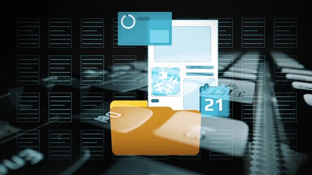 Digital transformation concept with computer keyboard, colorful icons, and abstract graphics representing technology and innovation in modern business contexts. Entropy.