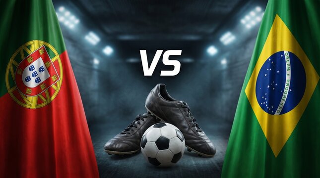 Portugal versus Brazil soccer match concept featuring national flags with professional leather cleats and a classic black and white ball