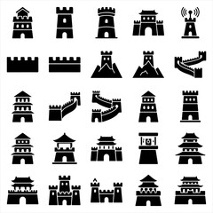 Set of black castle and great wall fortress icons featuring defensive architecture silhouettes castle icon fortress silhouette historic tower ancient fortress stone wall asian castle fortress © maliyat