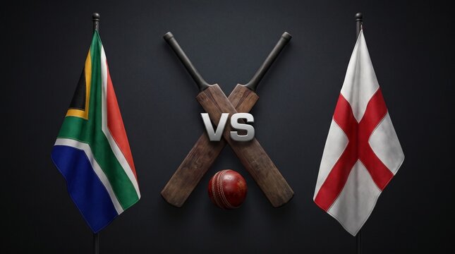 South Africa versus England cricket match concept featuring professional wooden bats and a red leather ball against dark textured background