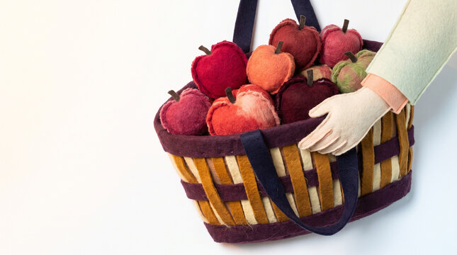 Hand holding a basket filled with colorful apples on a white background  
