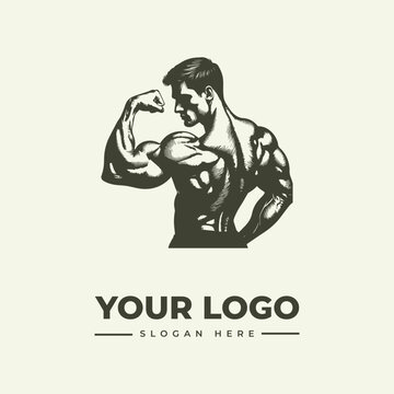 Vintage style illustration of a muscular bodybuilder posing for a fitness gym logo design.