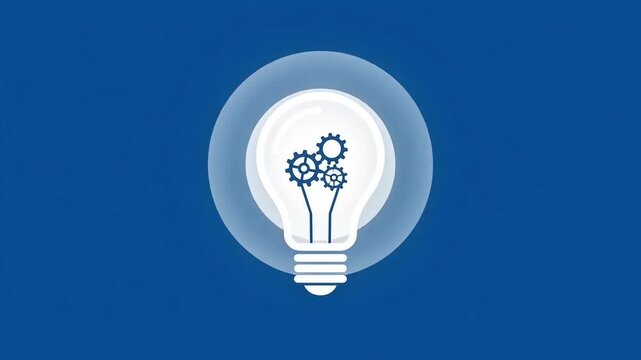 Lightbulb with glowing gears inside represents innovation and engineering ideas on a solid blue background.
