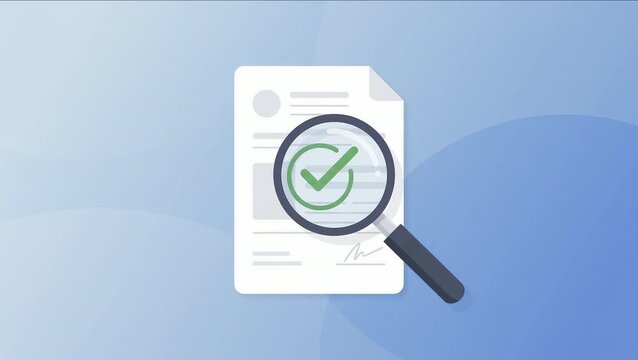 Document audit and verification represented by a magnifying glass inspecting a paper report with a green checkmark icon.