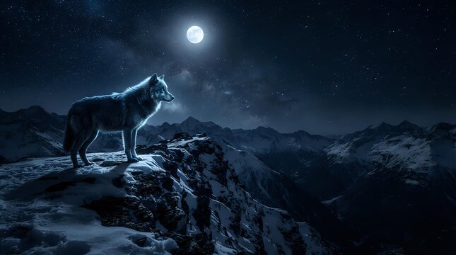 Wolf standing on snowy mountain ridge under full moon and starry