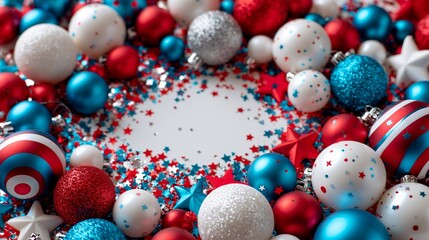 Obraz premium Vibrant red, white, and blue holiday ornaments form a festive circular frame with star confetti, perfect for patriotic celebrations or seasonal designs.