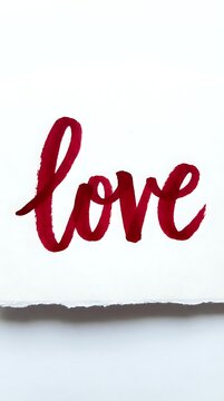 Love written in deep red brush strokes on white paper