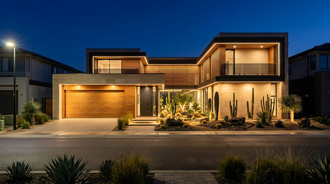 An impressive modern luxury home with multiple levels and expansive windows glows at night in a suburban setting.