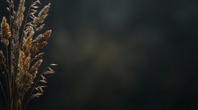 Dried golden wheat stalks and ornamental grasses backlit against dark