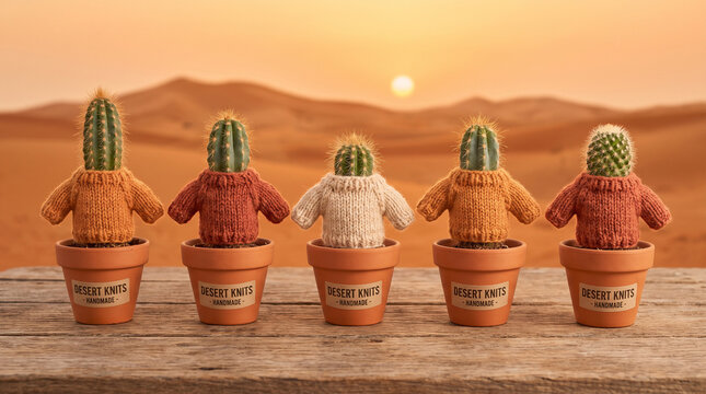 Cactus Family in Sweaters with "Desert Knits Handmade" Terracotta Pots at Sunset