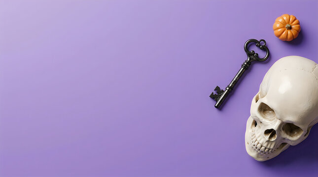 Still life with a skull antique key and vibrant orange flower on a lilac background